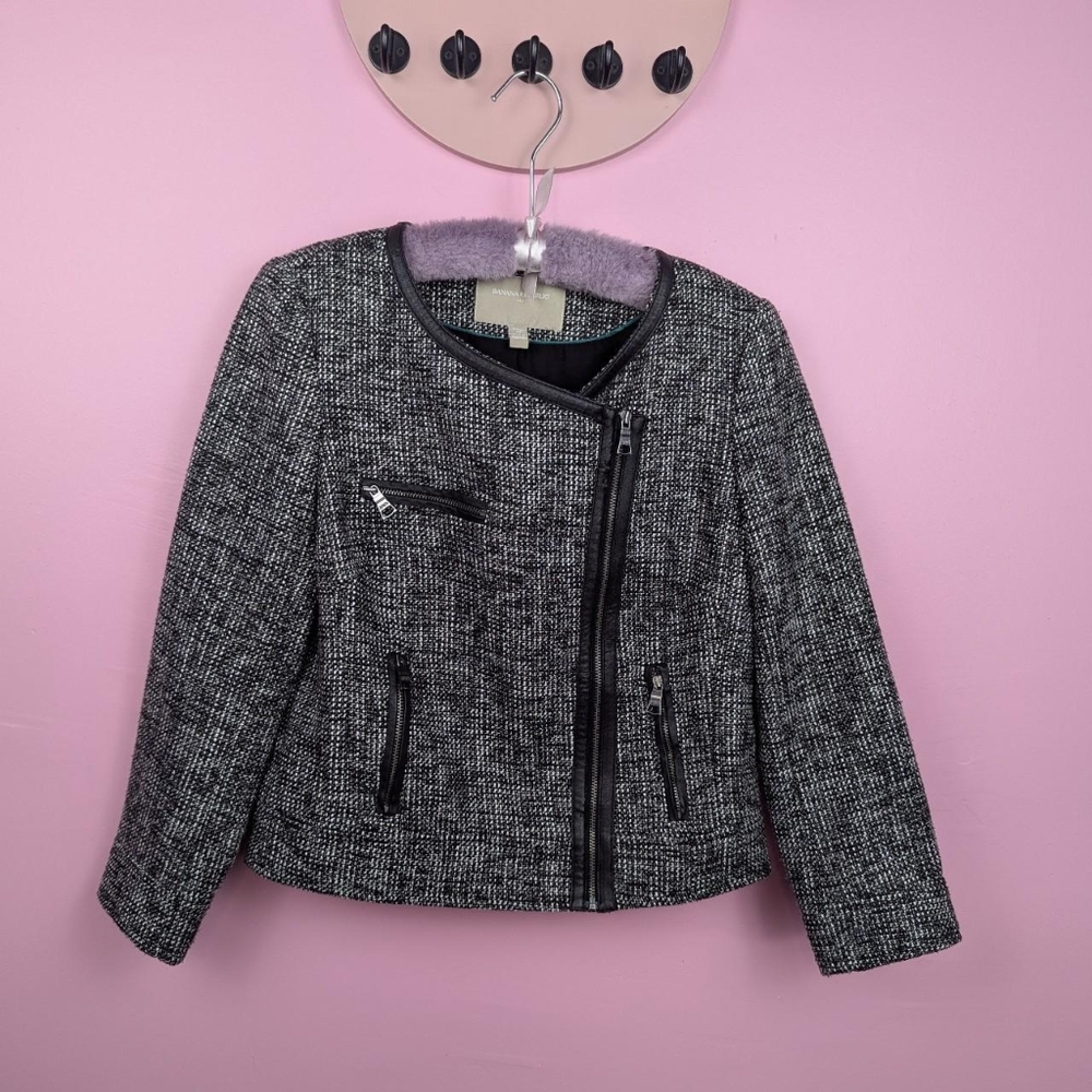 Banana Republic Black & White Tweed Moto Jacket with Faux Leather Trim